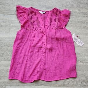 Nanette Lepore Pink Embroidered Shirt Womens Xs Eyelet Sleeveless Fuchsia